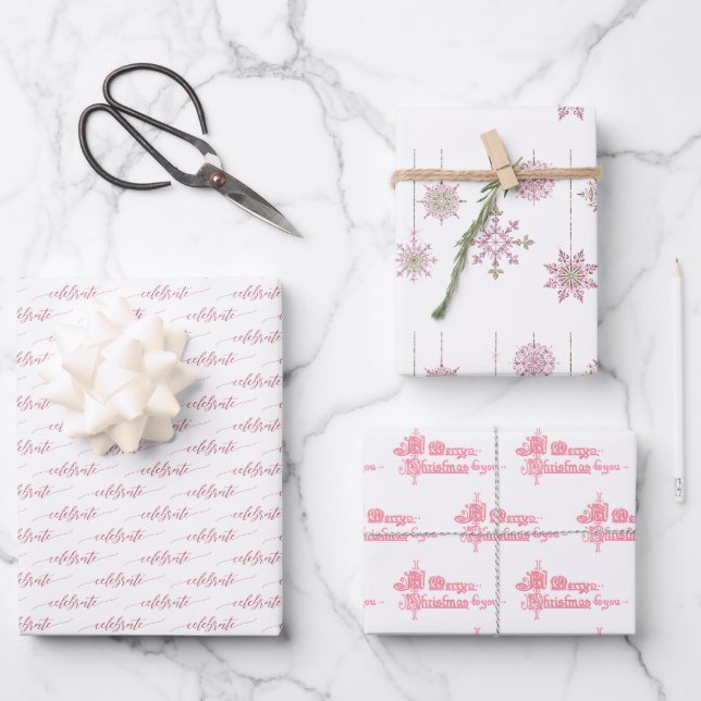 Pink Snowflakes und Holiday Script auf Weiß Geschenkpapier Set (Vorderseite)