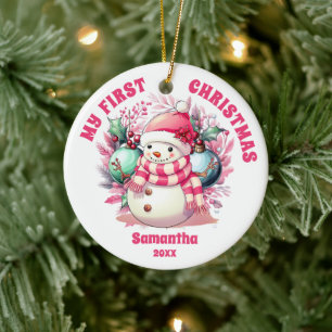 Pink Snowman Baby's First Christmas Ornament