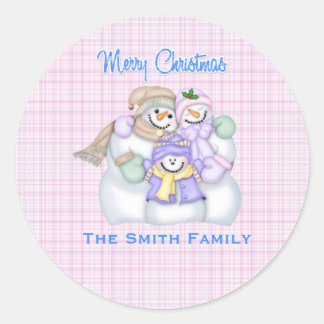 Pink Snowman Family Custom Weihnachtsfeiertag Runder Aufkleber