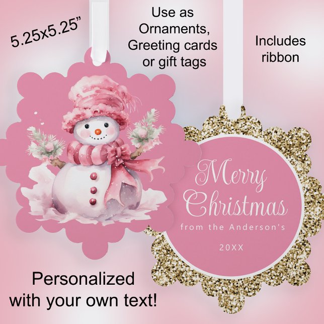 Pink Snowman Gold Frohe Weihnachtsgrüße Ornament Karte (Cute pink snowman Christmas ornament, greeting card, and gift tag combo)