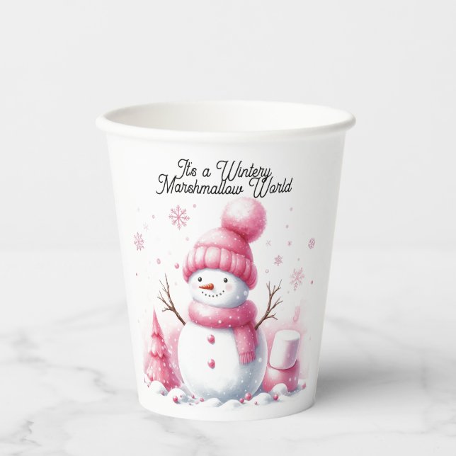 Pink Snowman Marshmallow World Pappbecher (Vorderseite)