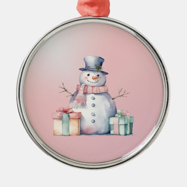 Pink Snowman mit Packungen Ornament Aus Metall (Vorne)
