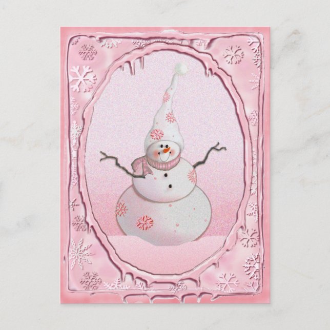 PINK SNOWMAN, SCARF & SNOW HAT VON SHARON SHARPE POSTKARTE (Vorderseite)