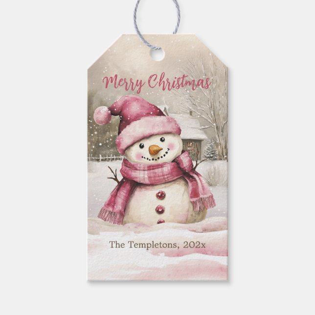 Pink Snowman Vintage Weihnachten Geschenkanhänger (Vorderseite)