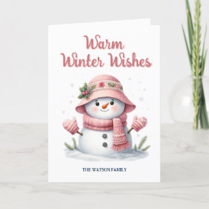 Pink Snowman Warm Winter Wünsche Feiertagskarte
