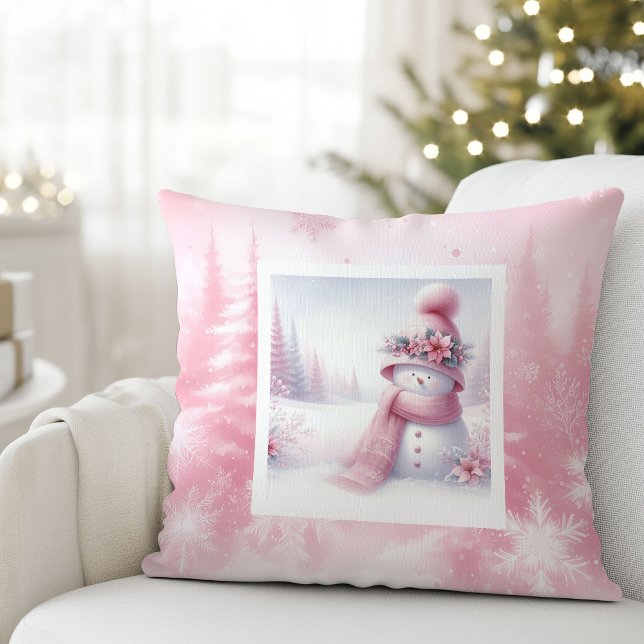 Pink Snowman Winter Scene Pinkmas Pillow Decor Kissen (Pink Snowman Winter Scene Pinkmas Pillow Decor)