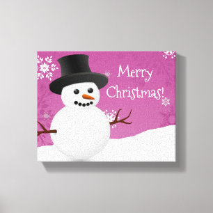 Pink Snowman Winter Szene Weihnachten Canvas Print Leinwanddruck