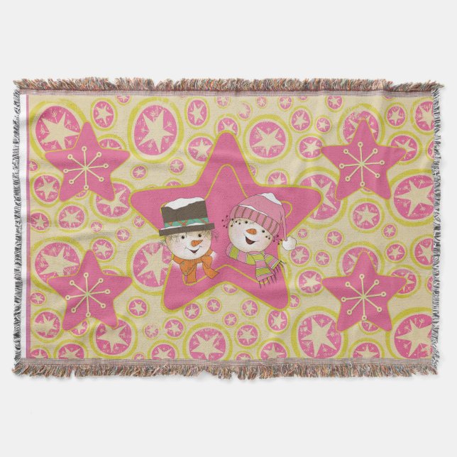 Pink Snowmen und Stars Holiday Throw Decke (Vorderseite)