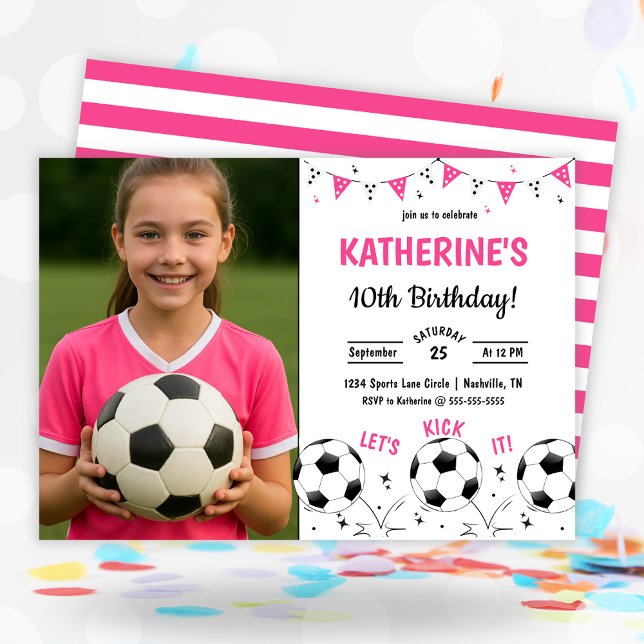 Pink Soccer Photo Birthday Einladung (Pink Soccer Photo Birthday Invitation)
