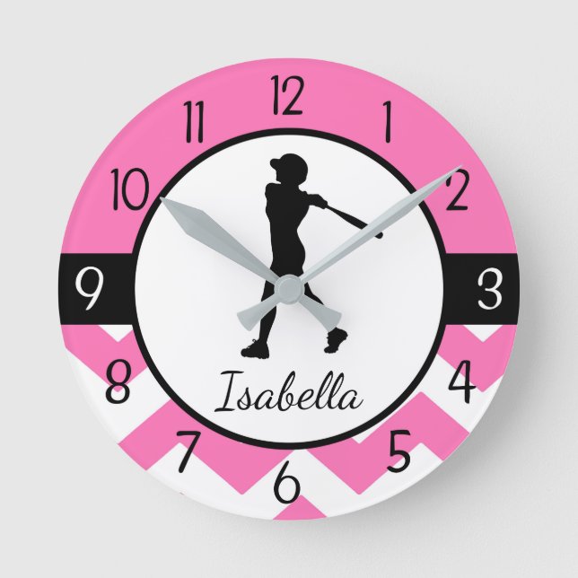 Pink-Softball-Uhr Runde Wanduhr (Vorderseite)