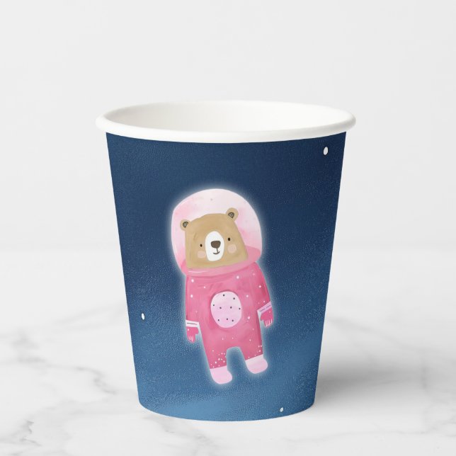 Pink Space Bear Astronaut Baby Dusche Pappbecher (Vorderseite)