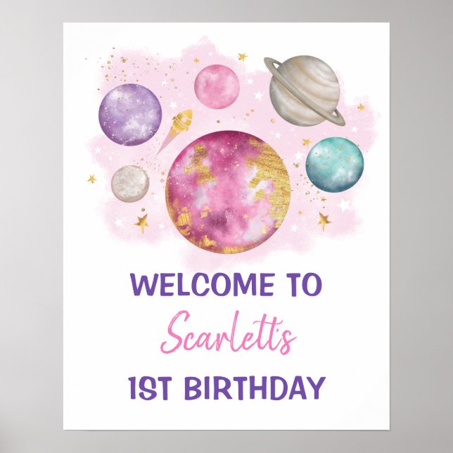 Pink Space Galaxy Planets Girl Geburtstag Willkomm Poster (Vorne)