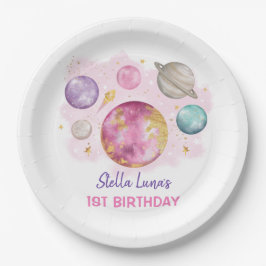 Pink Space Galaxy Planets Moon Baby Girl Geburtsta Pappteller
