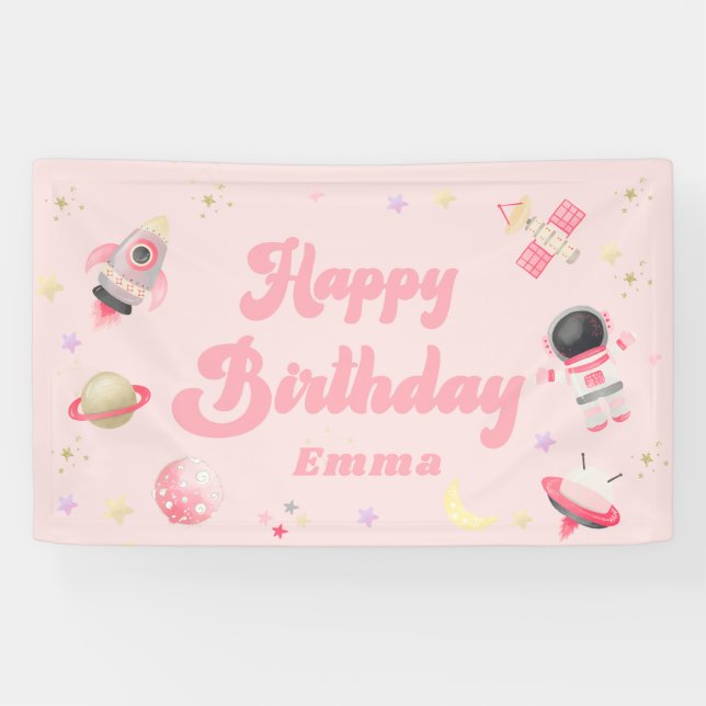 Pink Space Happy Birthday Banner (Horizontal)