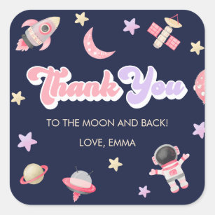 Pink Space Moon und Stars Geburtstag Vielen Dank Quadratischer Aufkleber