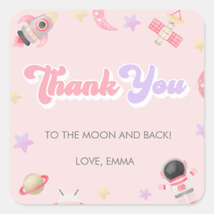 Pink Space Moon und Stars Geburtstag Vielen Dank Quadratischer Aufkleber