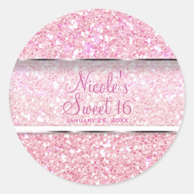Pink Sparkle Glitzer Glam Sweet 16 Gastgeschenk Runder Aufkleber (Vorderseite)
