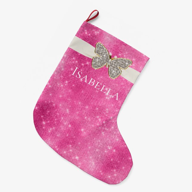 Pink Sparkle Jewele Butterfly Großer Weihnachtsstrumpf (Vorderansicht (hängend))