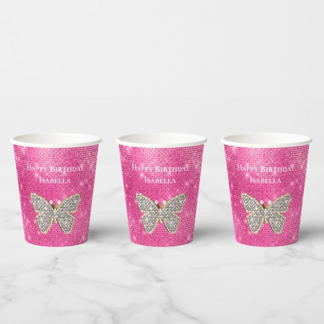 Pink Sparkle Jewele Butterfly Pappbecher (Multi)