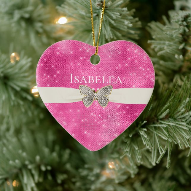 Pink Sparkle Jewele Schmetterling Name Keramik Ornament (Baum)