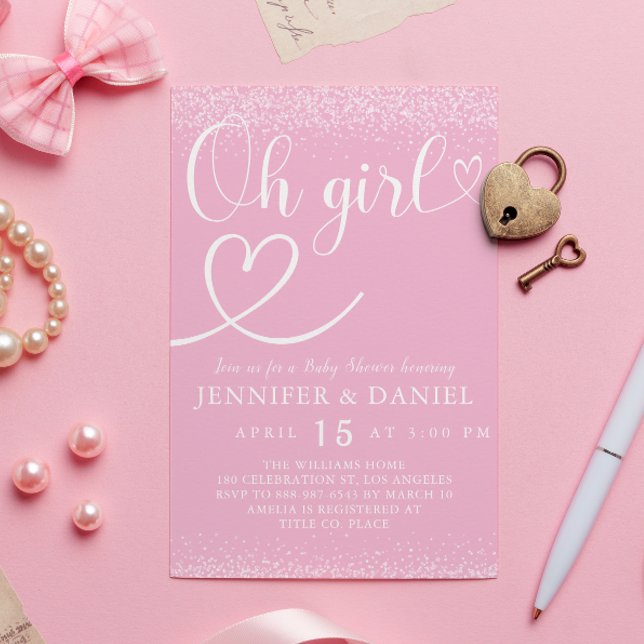 Pink Sparkle Oh Girl Script Heart Cute Einladung (Von Creator hochgeladen)