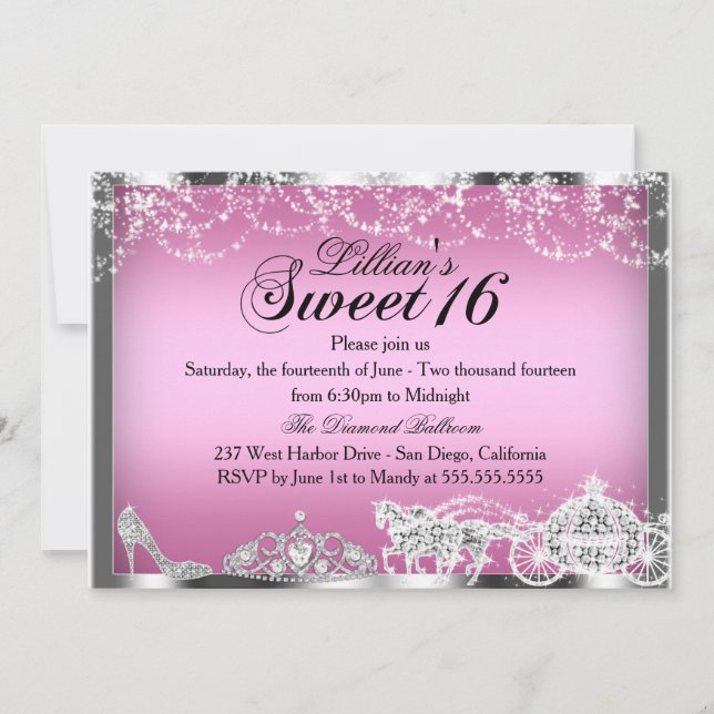Pink Sparkle Princess Thema Sweet 16 Einladung (Vorderseite)