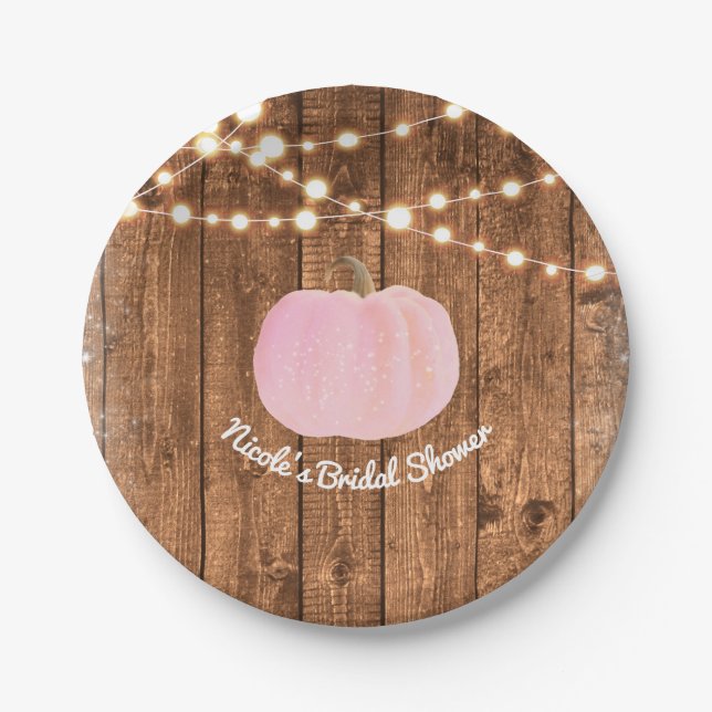 Pink Sparkle Pumpkin Herbst Rustikale Holzleuchten Pappteller (Vorderseite)