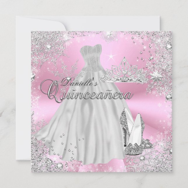 Pink Sparkle Snowflake Quinceanera Einladung (Vorderseite)