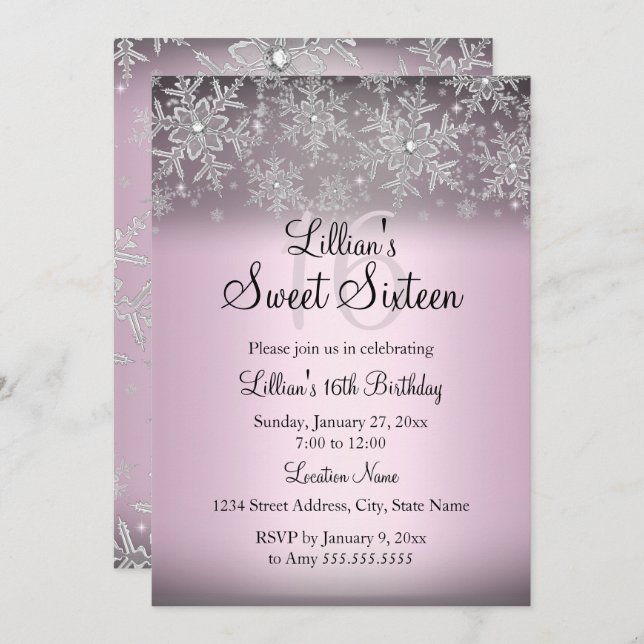 Pink Sparkle Snowflake Sweet 16 Einladung (Vorne/Hinten)