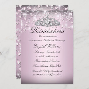 Pink Sparkle Tiara & Hearts Quinceanera Einladung