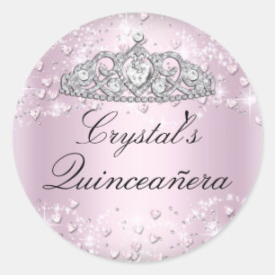 Pink Sparkle Tiara & Hearts Quinceanera Sticker