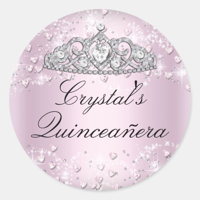 Pink Sparkle Tiara & Hearts Quinceanera Sticker (Vorderseite)