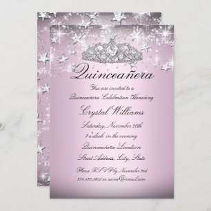 Pink Sparkle Tiara Stars Quinceanera Einladung