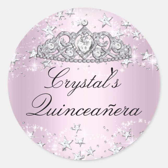 Pink Sparkle Tiara Stars Quinceanera Sticker (Vorderseite)