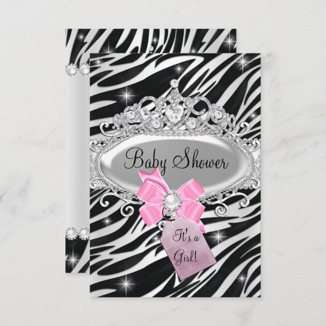 Pink Sparkle Zebra Princess Tiara Baby Dusche Einladung (Vorne/Hinten)