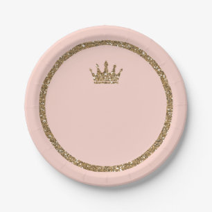 Pink Sparkly Gold Glitter Sweet 16 Princess Crown Pappteller