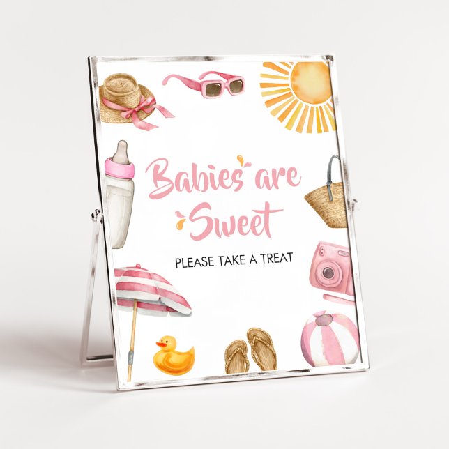 Pink Splish Splash Baby Dusche Babys sind süß Poster (Girl Summer Beach Baby Shower Babies are Sweet Sign)