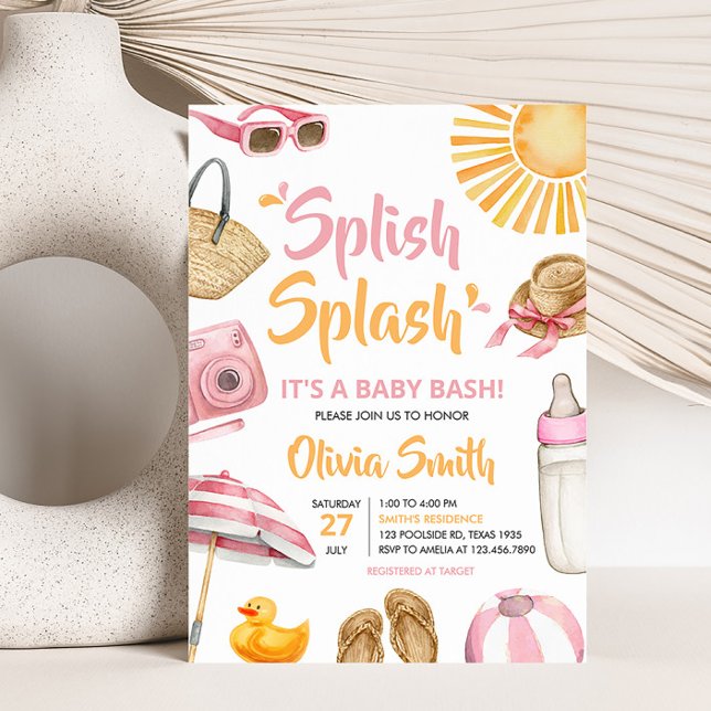 Pink Splish Splash Baby Dusche Einladung (Girl Summer Beach Baby Shower Invitation)