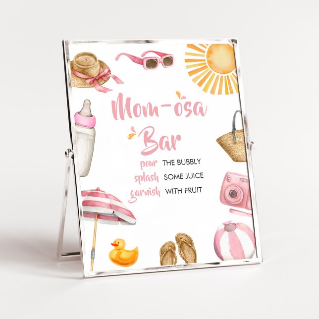 Pink Splish Splash Baby Dusche Mama Osa Bar Poster (Girl Summer Beach Baby Shower Mom Osa Bar Sign)