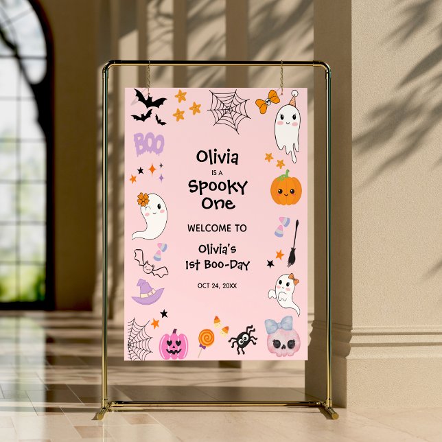 Pink Spooky Ein Halloween 1. Geburtstag Willkommen Poster (Pink Spooky One Cute Ghost Halloween 1st Birthday Welcome Sign )