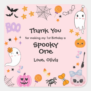 Pink Spooky Ein Niedliches Geisterhaus 1. Geburtst Quadratischer Aufkleber