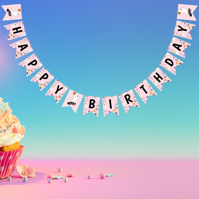 Pink Spooky Ein Niedliches Halloween glücklicher G Wimpelkette (Pink Spooky One Cute Ghost Halloween Happy Birthday Bunting Flags  )