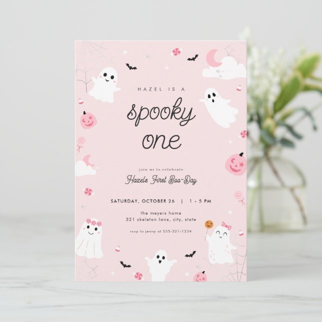 Pink Spooky eine erste Geburtstagsparty Einladung (Stehend Vorderseite)