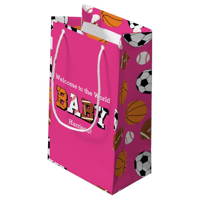 Pink Sports Baby Dusche Kleine Geschenktüte (Rückseite Schrägansicht)