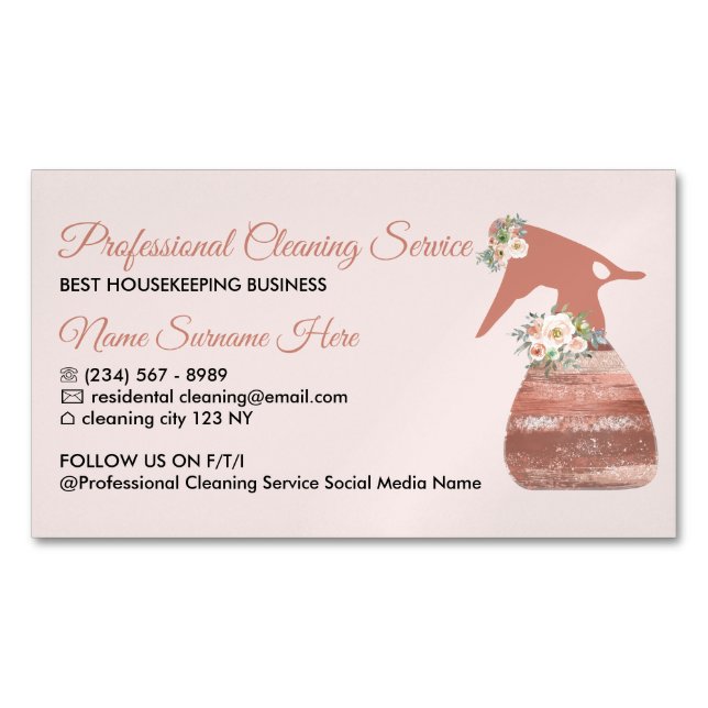 Pink Spray Blume Glamour Reinigungsservice Magnetische Visitenkarte (Vorderseite)