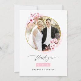 Pink Spring Cherry Blossom Wedding Foto Dankeskarte