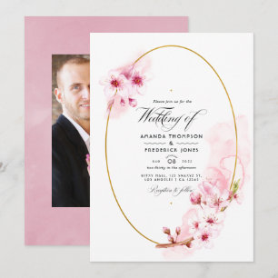 Pink Spring Cherry Blossom Wedding Foto Einladung
