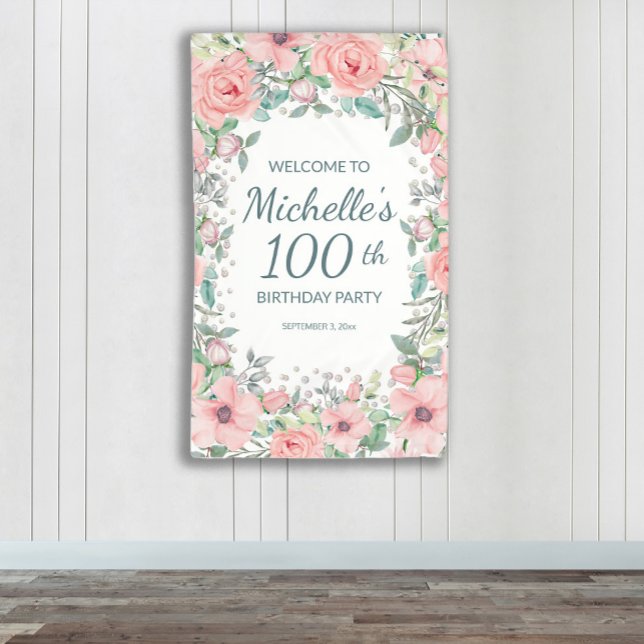 Pink Springtime Blumengrün Vertikal Geburtstag Banner (Pink watercolor floral 100th birthday party vertical banner personalized with name and age.)