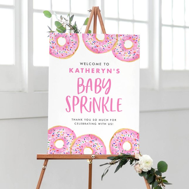 Pink Sprinkle Donuts Baby Sprinkle Empfang Poster (Watercolor Pink Sprinkle Donut Baby Sprinkle Welcome Sign – Customizable Baby Shower Decor)