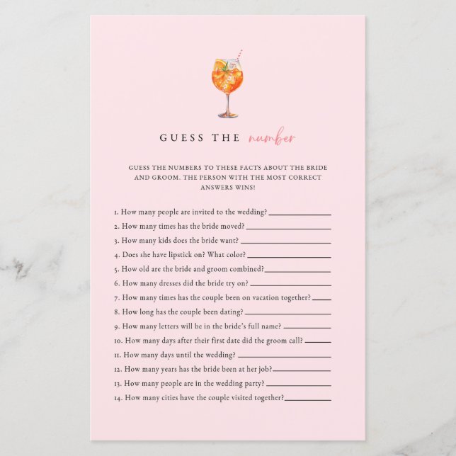Pink Spritz Brautparty schätzt die Zahl Spiel (Vorderseite)
